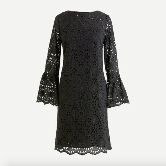 J. Crew Bell sleeve Embroidered Eyelet Dress in Black Size 6 NWT - Picture 1 of 11